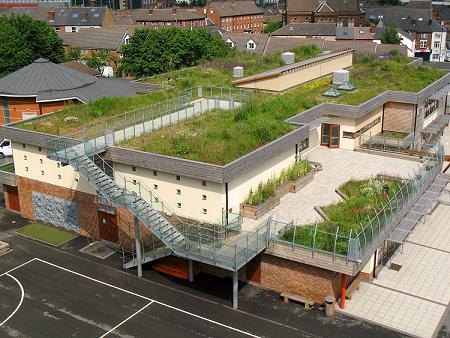 External galvanised steel staircase with glass balustrade giving access to a school green roof terrace